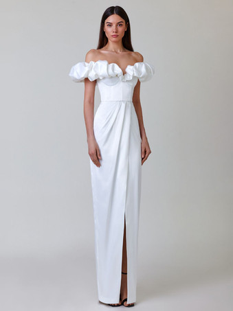フリル プロムドレス オフショルダー ハイスリット プリーツ マキシドレス
