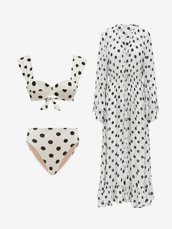 ドットプリント蝶ネクタイビキニトップワイドサイドボトムとカバーアップの3点セット