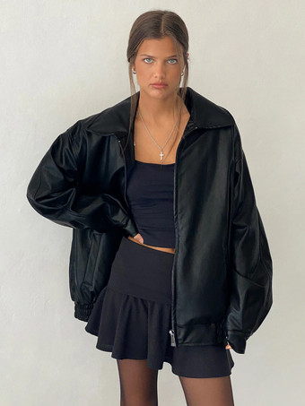 ブラック コーヒーブラウンジャケット PUレザーポケット ジッパー カジュアルジャケット