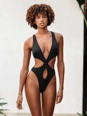 Sexy Hollow Plunge High Cut Ring Detail 1 Piece Swimsuit In Solid Color