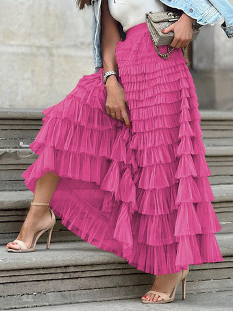 ローズレッドケーキスカート マルチレイヤー 伸縮性ウエスト 春秋 デイリーカジュアルスカート