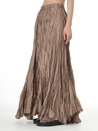 ブラウン プリーツフルスカート 伸縮性ウエスト 春秋 デイリーカジュアル ロングスカート
