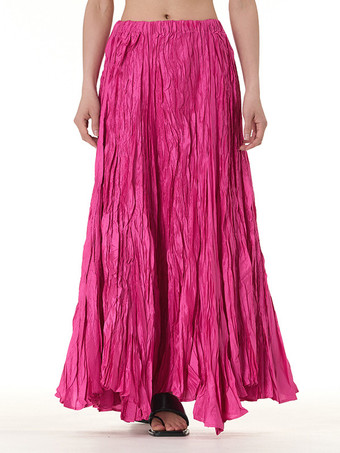 ローズレッドプリーツフルスカート 伸縮性ウエスト 春秋 デイリーカジュアル ロングスカート