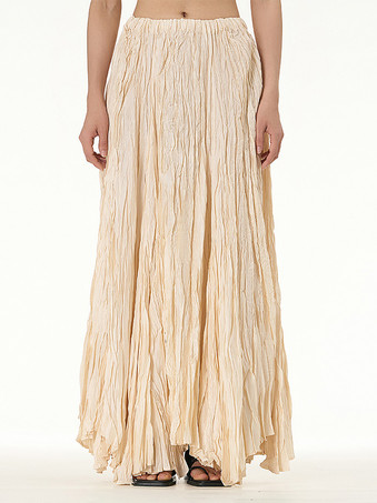 アプリコットプリーツフルスカート 伸縮性ウエスト 春秋 デイリーカジュアル ロングスカート