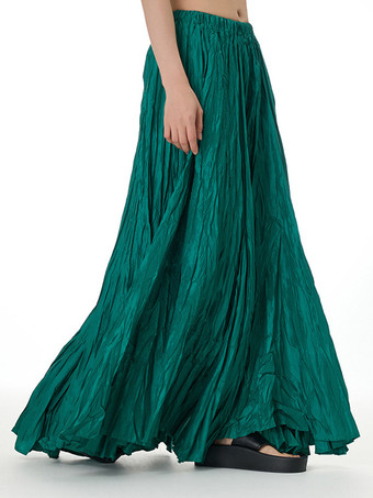 グリーン プリーツフルスカート 伸縮性ウエスト 春秋 デイリーカジュアル ロングスカート