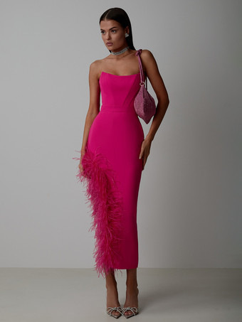 ローズレッドボディコンドレス フェザートリム オフショルダー アシンメトリー パーティークラブドレス