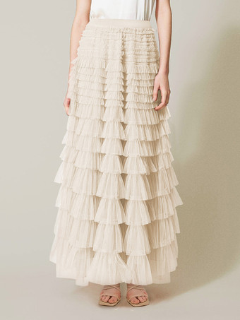 アプリコットケーキスカート マルチレイヤー 伸縮性ウエスト 春秋 デイリーカジュアルスカート