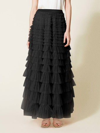 ブラック ケーキスカート マルチレイヤー 伸縮性ウエスト 春秋 デイリーカジュアルスカート