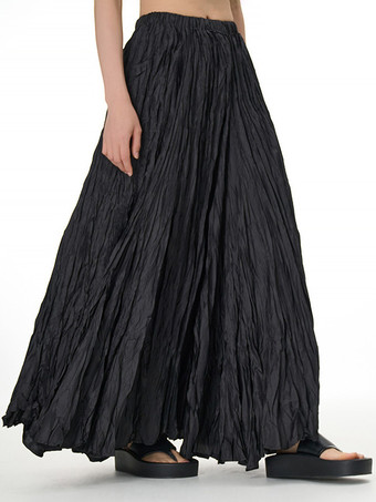 ブラック プリーツフルスカート 伸縮性ウエスト 春秋 デイリーカジュアル ロングスカート