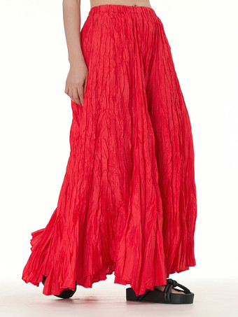 レッド プリーツフルスカート 伸縮性ウエスト 春秋 デイリーカジュアル ロングスカート