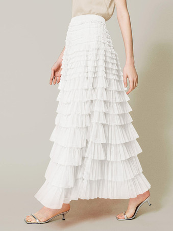 アイボリー ケーキスカート マルチレイヤー 伸縮性ウエスト 春秋 デイリーカジュアルスカート