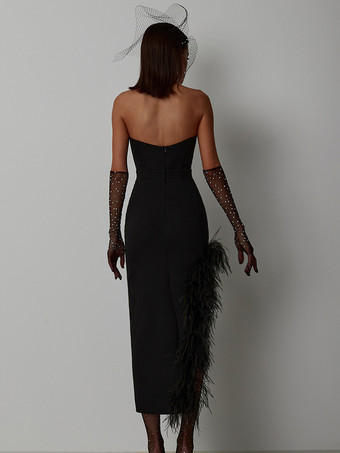 ボディコンドレス フェザートリム オフショルダー アシンメトリー パーティークラブドレス