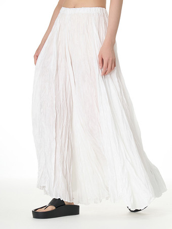 ホワイト プリーツフルスカート 伸縮性ウエスト 春秋 デイリーカジュアル ロングスカート