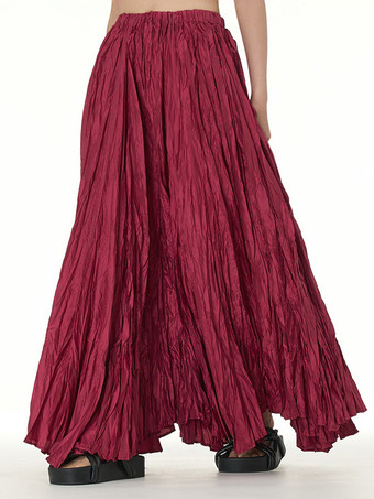 バーガンディープリーツフルスカート 伸縮性ウエスト 春秋 デイリーカジュアル ロングスカート
