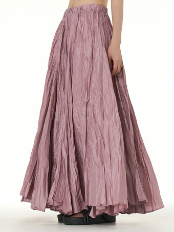 ピンクプリーツフルスカート 伸縮性ウエスト 春秋 デイリーカジュアル ロングスカート
