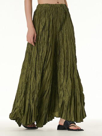 ハンターグリーン プリーツフルスカート 伸縮性ウエスト 春秋 デイリーカジュアル ロングスカート