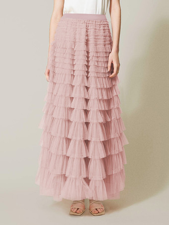 ピンクケーキスカート マルチレイヤー 伸縮性ウエスト 春秋 デイリーカジュアルスカート