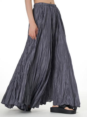 グレイプリーツフルスカート 伸縮性ウエスト 春秋 デイリーカジュアル ロングスカート