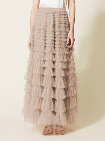 ラクダ色 ケーキスカート マルチレイヤー 伸縮性ウエスト 春秋 デイリーカジュアルスカート