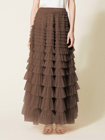 ブラウン ケーキスカート マルチレイヤー 伸縮性ウエスト 春秋 デイリーカジュアルスカート