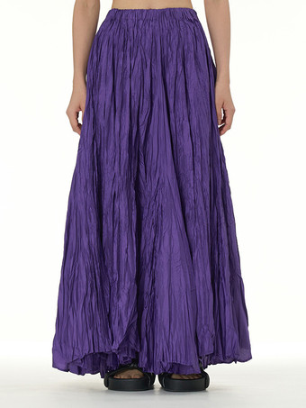 パープル プリーツフルスカート 伸縮性ウエスト 春秋 デイリーカジュアル ロングスカート