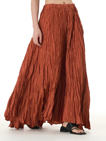 オレンジ プリーツフルスカート 伸縮性ウエスト 春秋 デイリーカジュアル ロングスカート