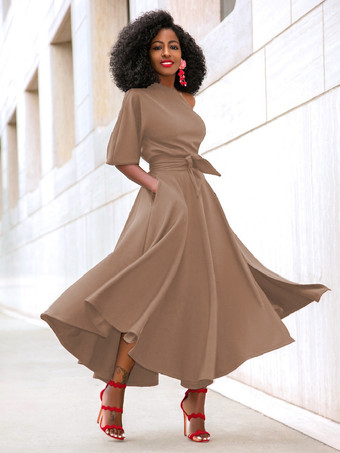 khaki Party Dresses Green Asymmetrical Neck Sash Short Sleeves Layered Semi Formal Dress