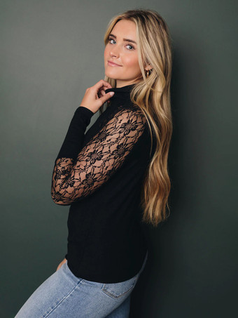 レース 長袖 Tシャツ ハイカラー ブラック セクシー レディース トップス