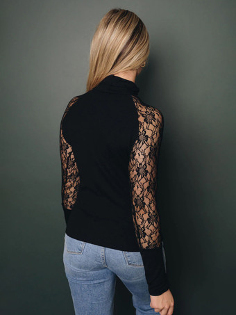 レース 長袖 Tシャツ ハイカラー ブラック セクシー レディース トップス