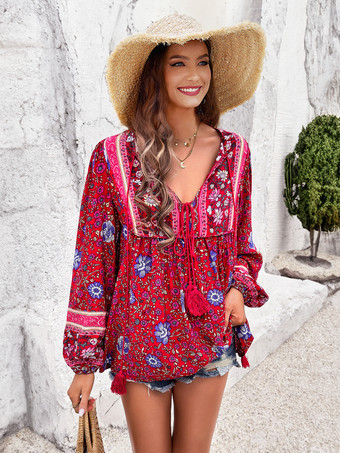 レッド 花柄ブラウス ノット Vネック ランタンスリーブ デイリーカジュアル レディース トップス