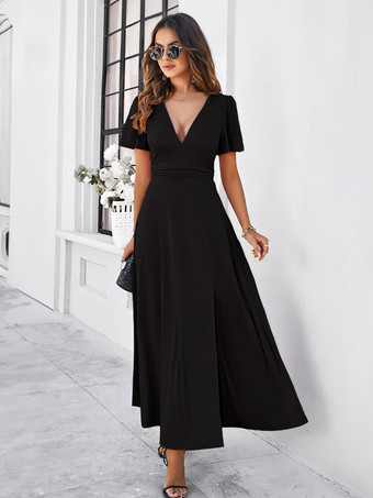 Black Party Dress V-Neck Short Sleeves Slit Dating Cocktail Maxi Dresses