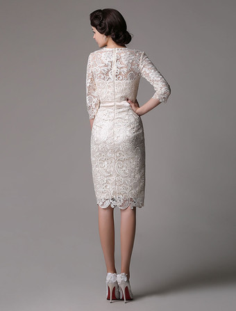 結婚式 母親ドレス レース シャンパン ミセスドレス フォーマル ウェディングパーティードレス タイト 七分袖 お呼ばれ 謝恩会 成人式 二次会 ラウンドネック 結婚式のお呼ばれドレス ひざ丈 ファスナー ビーズ ウェディング