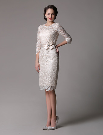 結婚式 母親ドレス レース シャンパン ミセスドレス フォーマル ウェディングパーティードレス タイト 七分袖 お呼ばれ 謝恩会 成人式 二次会 ラウンドネック 結婚式のお呼ばれドレス ひざ丈 ファスナー ビーズ ウェディング