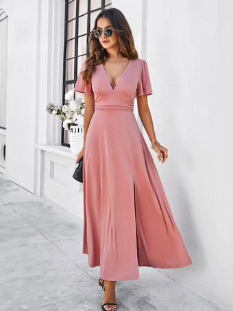 PinkParty Dress V-Neck Short Sleeves Slit Dating Cocktail Maxi Dresses