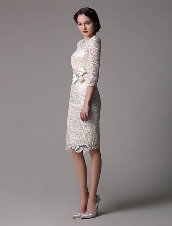 結婚式 母親ドレス レース シャンパン ミセスドレス フォーマル ウェディングパーティードレス タイト 七分袖 お呼ばれ 謝恩会 成人式 二次会 ラウンドネック 結婚式のお呼ばれドレス ひざ丈 ファスナー ビーズ ウェディング