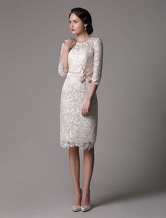 結婚式 母親ドレス レース シャンパン ミセスドレス フォーマル ウェディングパーティードレス タイト 七分袖 お呼ばれ 謝恩会 成人式 二次会 ラウンドネック 結婚式のお呼ばれドレス ひざ丈 ファスナー ビーズ ウェディング