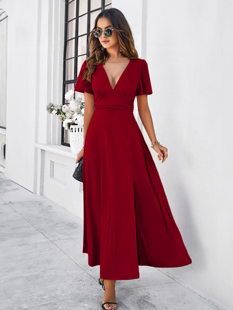 BurgundyParty Dress V-Neck Short Sleeves Slit Dating Cocktail Maxi Dresses