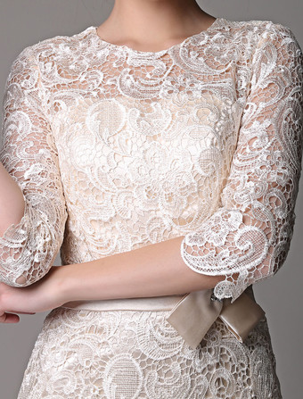 結婚式 母親ドレス レース シャンパン ミセスドレス フォーマル ウェディングパーティードレス タイト 七分袖 お呼ばれ 謝恩会 成人式 二次会 ラウンドネック 結婚式のお呼ばれドレス ひざ丈 ファスナー ビーズ ウェディング