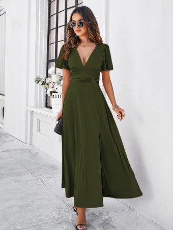 Green Party Dress V-Neck Short Sleeves Slit Dating Cocktail Maxi Dresses