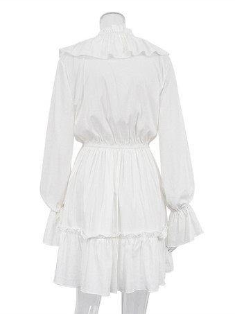 フリルショートドレス Vネック 長袖 ドローストリング カジュアルドレス