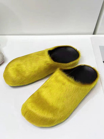 YellowWomen Winter Slippers Faux Fur Hair Round Toe slides
