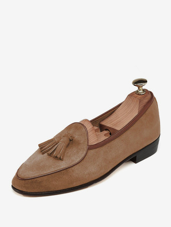 新学期向けメンズタッセルローファー、スリッポン、スエードモカシン、スパイクローヒール、ライトブラウンのプロムシューズ