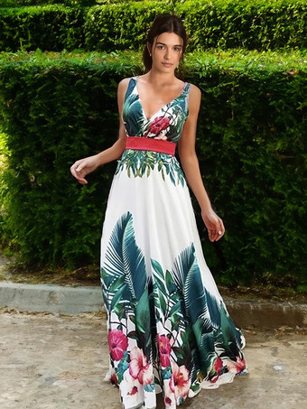 Maxi Dresses Sleeveless White Floral Printed Pattern V-Neck Lace Up Layered   Floor Length Dress