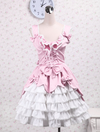 ゴスロリ　スウィート　ピンク　コットンジャンパースカート　ろりぃた服　レースアップ　リボン　フリル