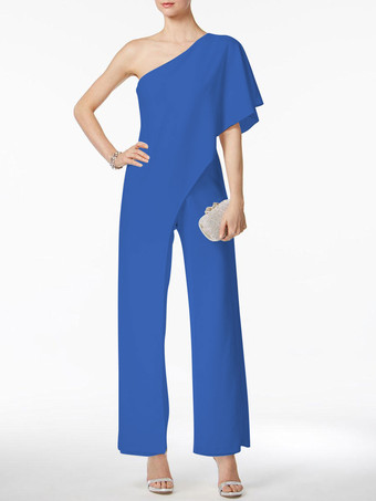 ロイヤルブルーシンプルなウェディングジャンプスーツ アイボリー ワンショルダー キュロット ブライダルドレス