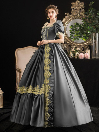 グレーレトロコスチューム女性レースフローラルマリーアントワネットコスチュームドレス