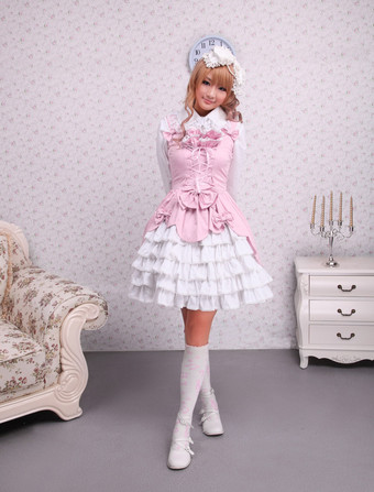 ゴスロリ　スウィート　ピンク　コットンジャンパースカート　ろりぃた服　レースアップ　リボン　フリル