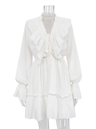 フリルショートドレス Vネック 長袖 ドローストリング カジュアルドレス