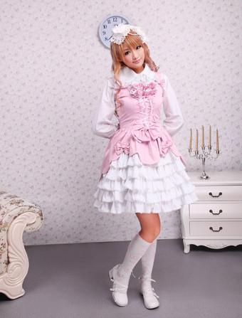 Lolitashow Sweet Pink White Cotton Lolita Jumper Skirt Lace Up Layered Ruffles Bows