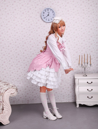 ゴスロリ　スウィート　ピンク　コットンジャンパースカート　ろりぃた服　レースアップ　リボン　フリル